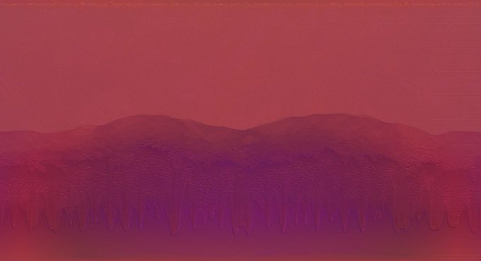 An abstract artwork featuring layered pink and purple hues resembling mountain silhouettes with dripping paint textures and subtle digital noise patterns.