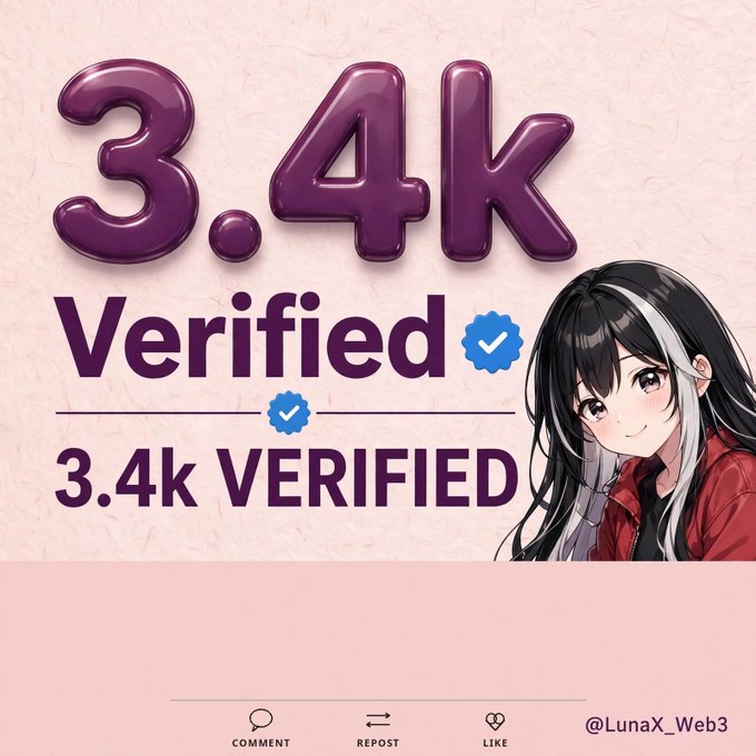 A social media-style graphic featuring "3.4k Verified" in purple bubble letters and an illustration of an anime-style girl with black and white hair wearing a red jacket, with the handle "@LunaX_Web3".