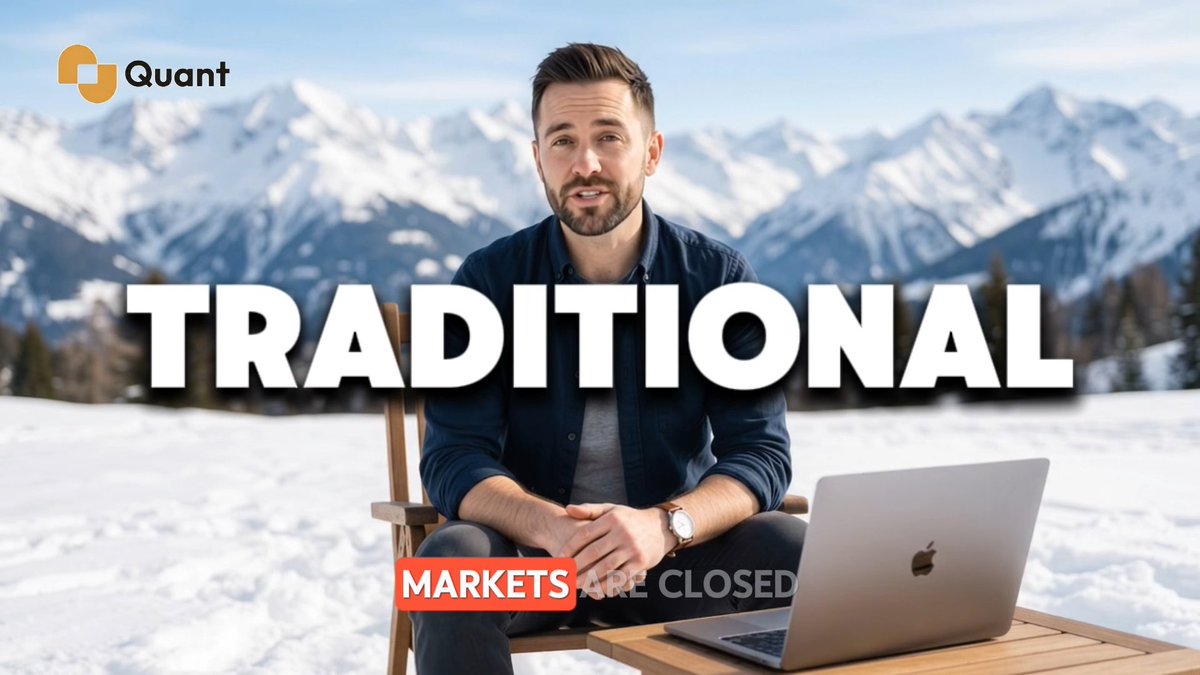A man sits at a snowy outdoor setup with a laptop, with "TRADITIONAL MARKETS ARE CLOSED" overlaid, visually reinforcing the post's point that reduced institutional volume on weekends leads to wilder crypto price action.