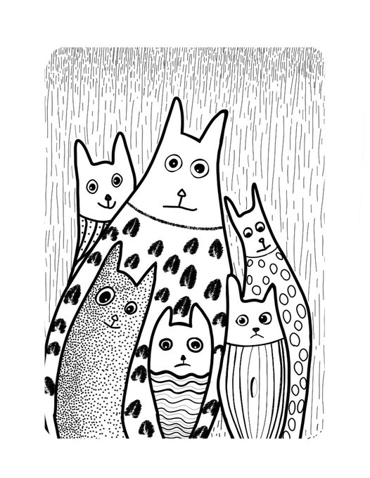 A black and white ink illustration of a group of stylized cats with various patterns and textures.