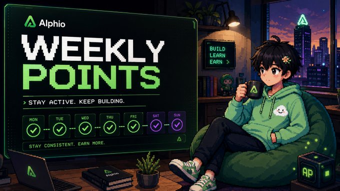 An anime-style promotional graphic for "Alphio" showing "WEEKLY POINTS" with the tagline "STAY ACTIVE. KEEP BUILDING." and a weekly tracker with all seven days (MON-SUN) marked complete, alongside an anime character drinking from a mug.
