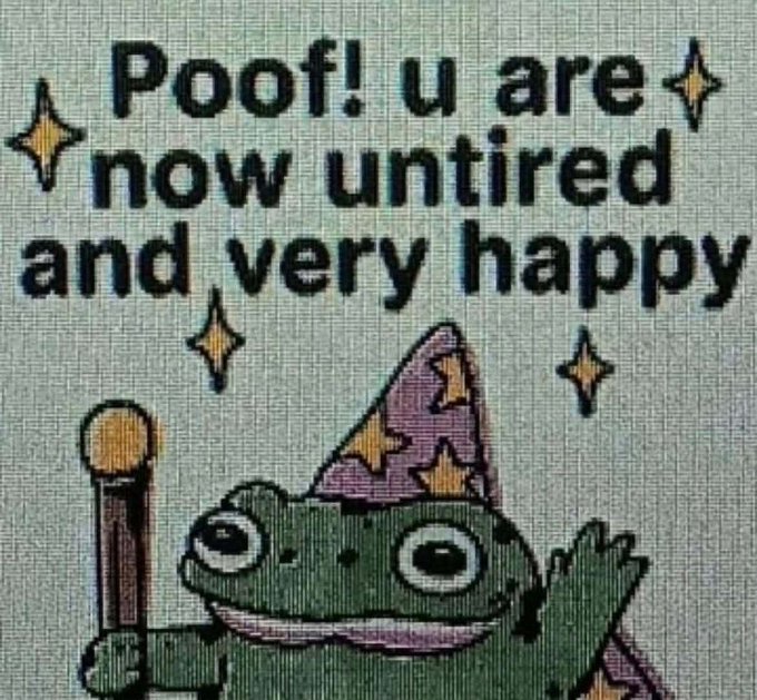 A cross-stitch style meme features a cartoon frog wearing a wizard hat and holding a magic wand, with sparkles around it and the text "Poof! u are now untired and very happy." Paired with the "gm" (good morning) post, the image playfully wishes the viewer a refreshed and joyful start to their day.