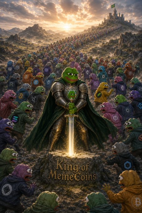 A fantasy-style digital illustration titled 'King of MemeCoins' depicting a Pepe the Frog warrior in armor holding a glowing sword, surrounded by a vast army of other Pepe frogs wearing cryptocurrency logos.