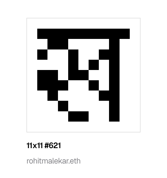 A piece of pixel art in an 11x11 grid titled '11x11 #621' by rohitmalekar.eth, featuring a black and white abstract pattern.