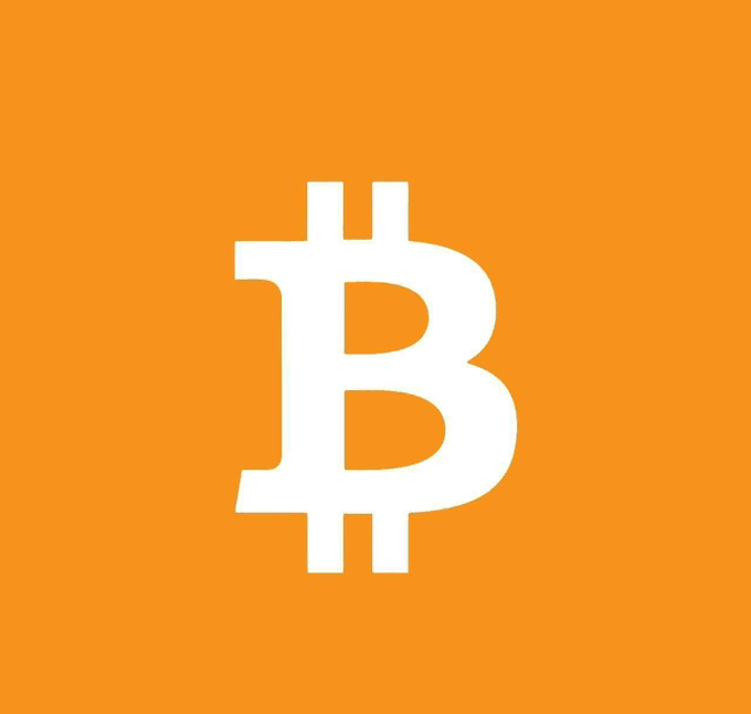 A Bitcoin (BTC) logo displayed as a white 'B' with two vertical strokes on a solid orange background.