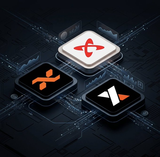 A digital illustration showing three 3D app icons on a circuit board background, including a red logo resembling GAINS Network's 'G' icon and other crypto/tech symbols with floating data visualizations.