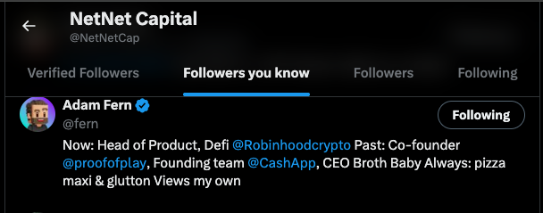 A Twitter/X profile for 'Adam Fern' (@fern) shows he is now Head of Product at Robinhood Crypto, with past roles at Proof of Play and Cash App.