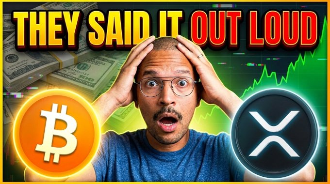 A shocked man with his hands on his head is shown between a Bitcoin logo and an XRP logo, with stacks of cash and a rising green chart in the background. Bold text reads "THEY SAID IT OUT LOUD," conveying alarm and excitement about a major development involving XRP and other altcoins.