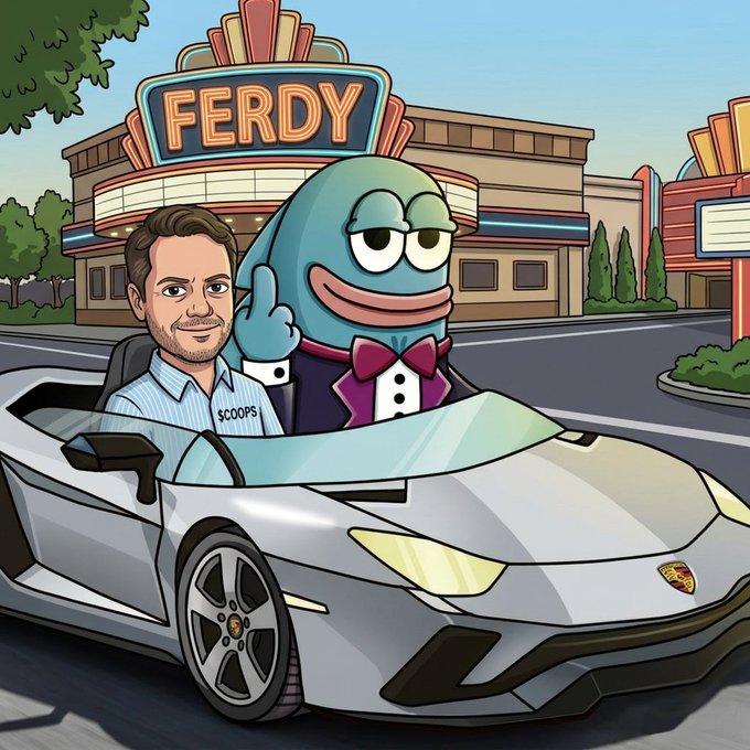 A cartoon illustration of a man in a "SCOOPS" uniform driving a white Lamborghini convertible alongside a blue, blob-like character wearing a tuxedo, with a building labeled "FERDY" in the background.