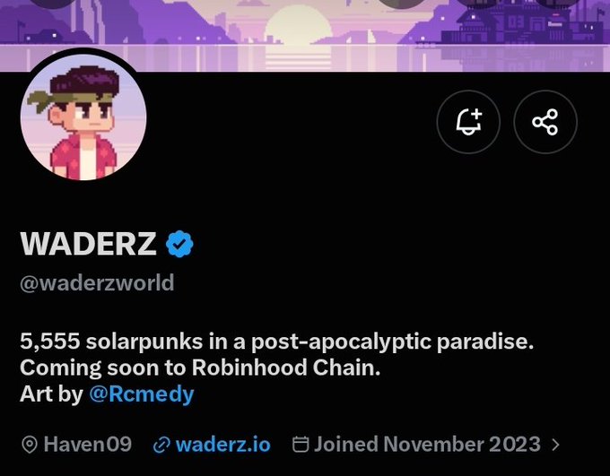 A Twitter/X profile page for @waderzworld, a verified account titled 'WADERZ' describing '5,555 solarpunks in a post-apocalyptic paradise. Coming soon to Robinhood Chain.' with art by @Rcmedy.