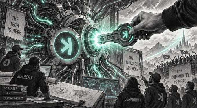 A hand inserts a glowing "YKey Genesis" chip into a massive mechanical hub with a "Y" logo, surrounded by figures labeled "Builders" and "Community" holding signs reading "The Tech is Here," "The Builders Are Here," and "The Community Is Here," with notes listing "Scalable, Fast, Decentralized." The image visualizes the post's message by depicting YKey Genesis as the pivotal catalyst that integrates existing technology, builders, and community to transform $KAS into a usable product.