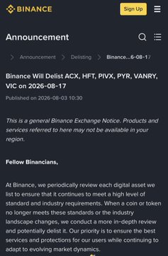 The image shows a Binance announcement page dated 2026-08-03 notifying users that the exchange will delist several tokens, including ACX, HFT, PHV, PYR, VANRY, and VIC, effective 2026-08-17. This directly relates to the post's concerns about $VIC's potential delisting and its impact on events like the Conviction t8, while expressing hope for a reversal.