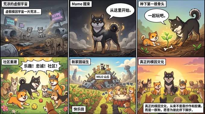 A six-panel comic strip titled "Mame 醒来" (Mame Awakens) depicts a post-apocalyptic meme world where the "荒凉的虚假宇宙" (Desolate Fake Universe) shows hollow-eyed dogs among empty "HYPE SCREEN" shells, until a Shiba Inu named Mame declares "从这里开始" (It starts here), plants the "种下第一根骨头" (First Bone), and builds a thriving community with "MILO 山丘" (Milo Hill) and fields, ultimately achieving "真正的模因文化" (True Meme Culture) with the message that real culture is a stew of ingredients, not empty capsules and stock lines.