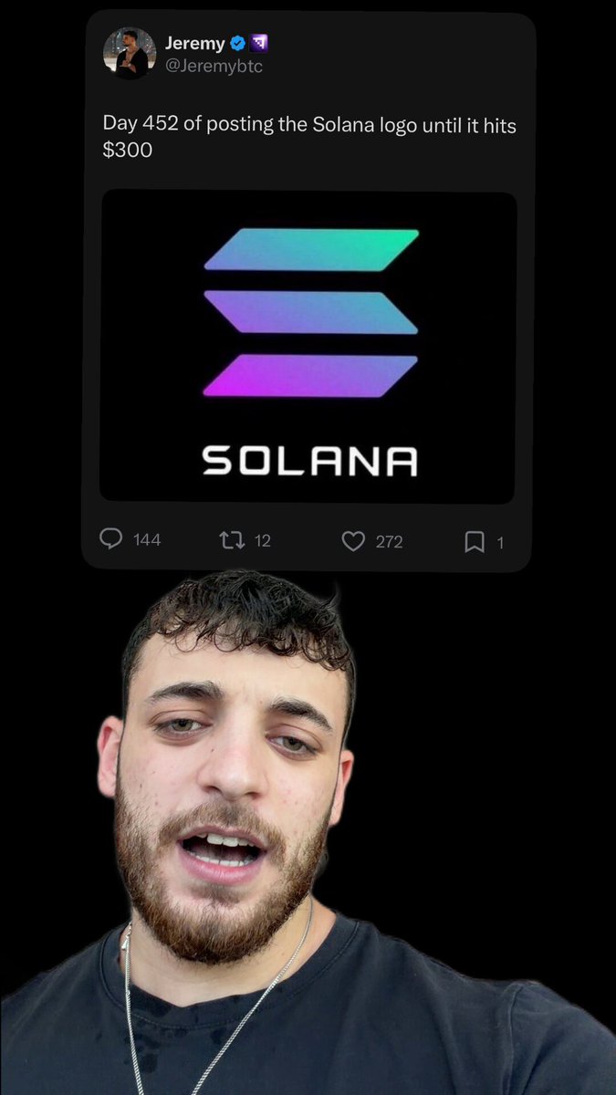 The image features a man with a beard wearing a black shirt, who appears to be making a funny face or posing for a photo. The caption of the image reads "Will Solana ever reach all time highs again???". This statement seems to be related to the social media post about Solana that was shared by another user on Twitter.