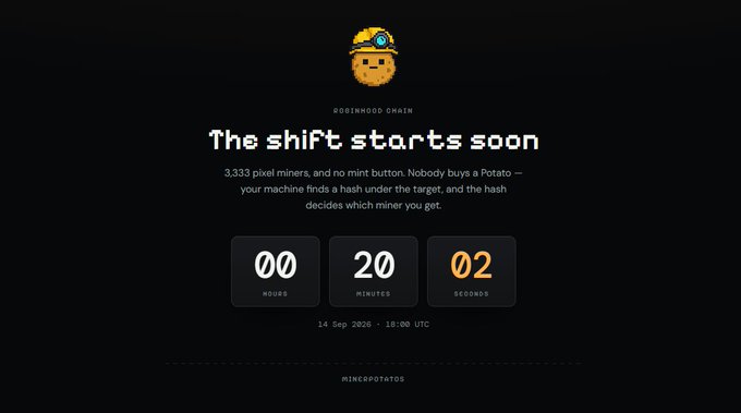 A countdown timer on the "Robinhood Onchain" website shows 00 hours, 20 minutes, and 02 seconds remaining until an event scheduled for "14 Sep 2026 • 18:00 UTC" titled "The shift starts soon," featuring a pixelated potato miner character and referencing 3,333 pixel miners competing to find a hash under a target. The image reinforces the accompanying post's "tick-tock" urgency and "Potatos" theme, visually capturing the final moments before the crypto mining-related event begins.