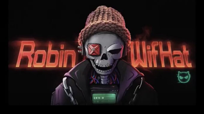 Stylized digital artwork featuring a skull character wearing a beanie and an eyepatch, with 'Robin WiFHat' text glowing in red neon around them.