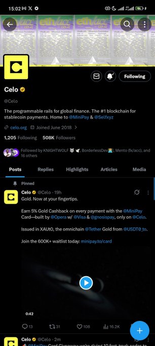 The Celo Twitter/X profile page showing the account @Celo describing itself as 'The programmable rails for global finance. The #1 blockchain for stablecoin payments,' with 1,205 Following and 508K Followers, featuring a post about earning 5% Gold Cashback.