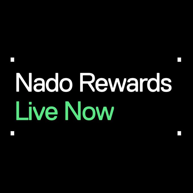 "Nado Rewards Live Now" promotional graphic shown alongside an announcement that a $50K weekly cash rewards pool is now claimable through the Nado app for traders who generated volumes between August 10-17.