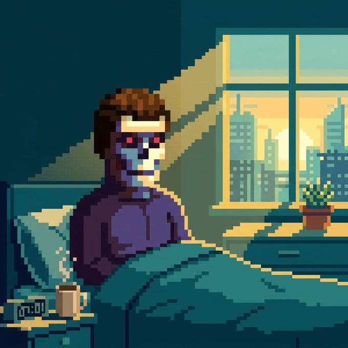 A pixel art illustration of a person sitting in bed near a window overlooking a city skyline, with a cup and what appears to be a digital clock reading '07:01' beside them.