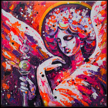 A vibrant pop art painting of an angel or saint figure with large colorful wings in orange, pink, and red tones, holding a Bitcoin symbol-topped scepter, with closed eyes and a serene expression.
