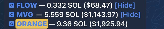 The image shows a portfolio display listing three cryptocurrency holdings: FLOW at 0.332 SOL ($68.47), MVG at 5.559 SOL ($1,143.97), and ORANGE highlighted in yellow at 9.36 SOL ($1,925.94), likely reflecting current Solana-denominated values after the recent SOL price drop referenced in the post.