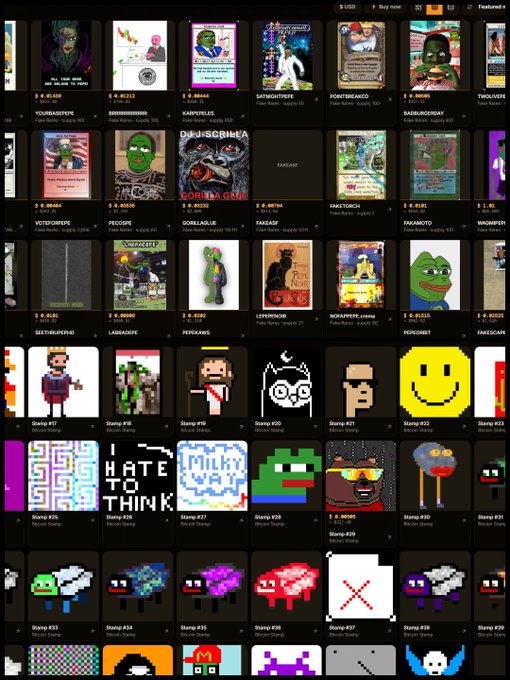 A screenshot of a marketplace displaying various digital stamps and NFT-style collectibles, featuring pixel art characters, Pepe the Frog, Milky Way references, and user profile cards.