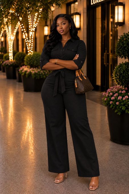 A woman in an elegant black jumpsuit stands with arms crossed in a hallway decorated with string lights and potted pink flowers, holding a brown designer handbag.