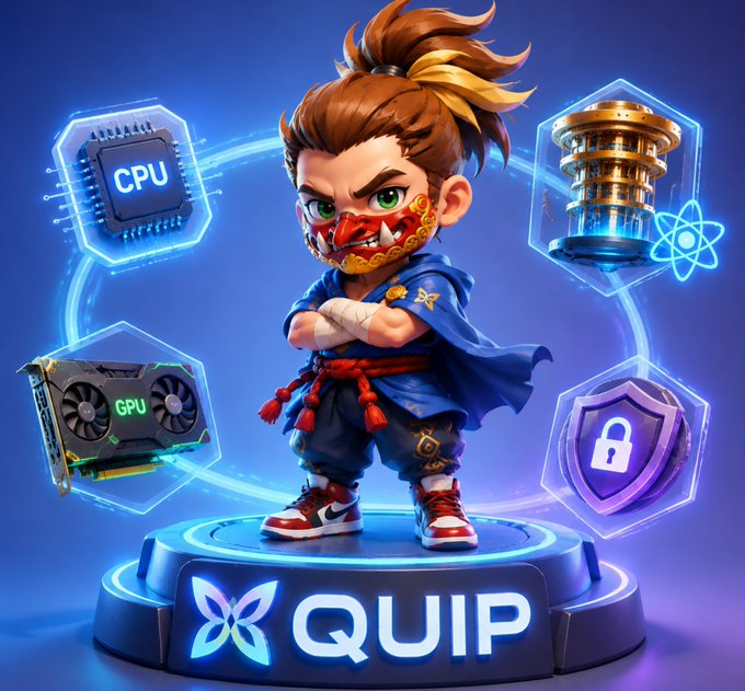 A 3D illustration features a cartoon character with a samurai-style mask and ponytail standing on a pedestal labeled 'QUIP', surrounded by floating tech icons including 'CPU', 'GPU', quantum, and security shields.
