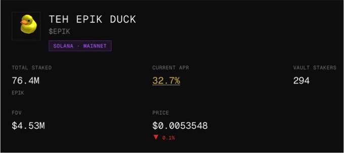 A dashboard interface for "TEH EPIK DUCK" on Solana Mainnet showing a total staked of 76.4M $EPIK, a current APR of 32.7%, 294 vault stakers, an FDV of $4.53M, and a price of $0.0053548.