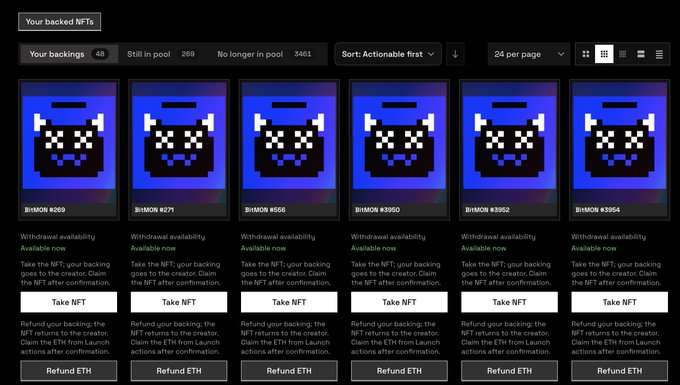 The image shows a dashboard displaying 6 "BiMOM" NFT tokens (#268, #271, #550, #3560, #5952, #5954), each marked as "Actionable first" and available for taking/refunding after the NFT launch. This relates to the post about stopping FWAs (Feature Whatever Acronyms, likely referring to randomized NFT minting/drops) since only 5 of these tokens are mentioned as being "left," matching the dashboard's display of available BiMOM-backed NFTs awaiting user action.