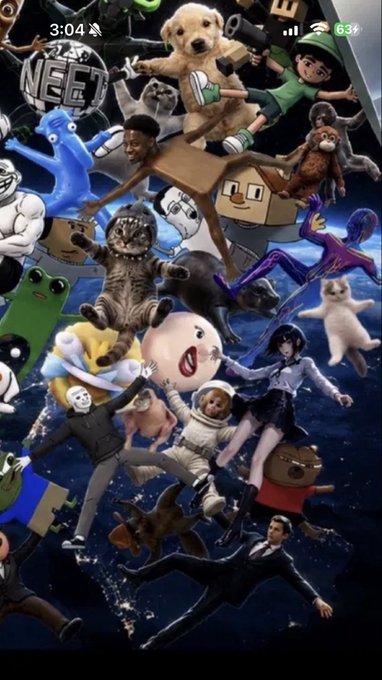 A chaotic and crowded phone wallpaper featuring a collage of various internet memes, characters, and figures including a sad cat, cartoon avatars, and various pop culture references, with the time 3:04 displayed.