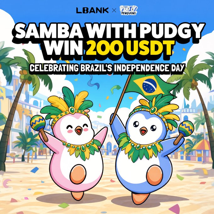 A vibrant promotional image for "LBank x Pudgy Penguins" announces a "Samba with Pudgy - Win 200 USDT" giveaway celebrating Brazil's Independence Day, featuring two cartoon penguins in festive carnival headdresses and green feathered collars, with one waving the Brazilian flag against a tropical beach backdrop with palm trees and confetti.