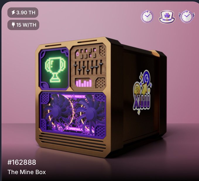 A 3D-rendered cryptocurrency mining PC case called "The Mine Box" (#162888) with a hash rate of 3.90 TH and power consumption of 15 W/TH, featuring purple fans and neon lighting.