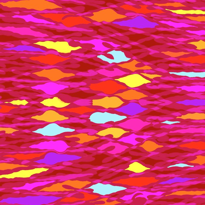 An abstract, vibrant pattern featuring irregular blob-like shapes in magenta, pink, orange, yellow, purple, and teal, layered over a wavy red textured background.