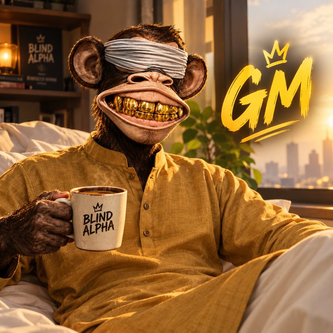 A surreal image of a furry creature with a gold-grilled smile wearing a blindfold, holding a 'BLIND ALPHA' mug with 'GM' written in large yellow letters.