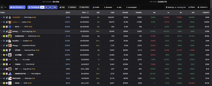 A token trending tracker interface listing top tokens including PAIDOGE, cosmos, BUTX, Gala, ROBINHOOD, Grokbot, Things, ZFORGE, FLy, P2BEX, WIF, MEMEPUTER, WHALES, and MUSE, with prices, age, transactions, volume, and percentage change columns.