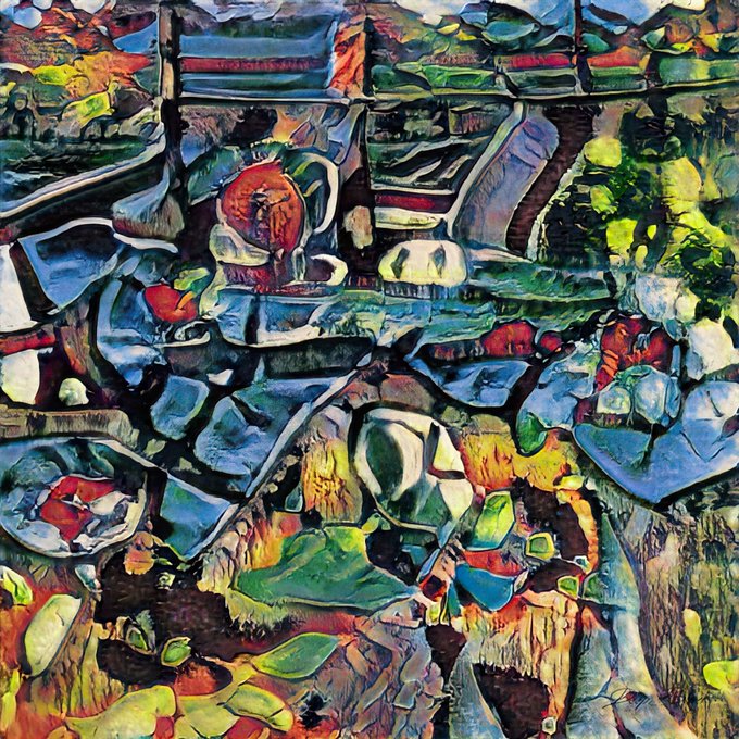 A vibrant, abstract painting with fragmented brushstrokes in bold colors of blue, green, red, and yellow, depicting a chaotic composition of shapes.