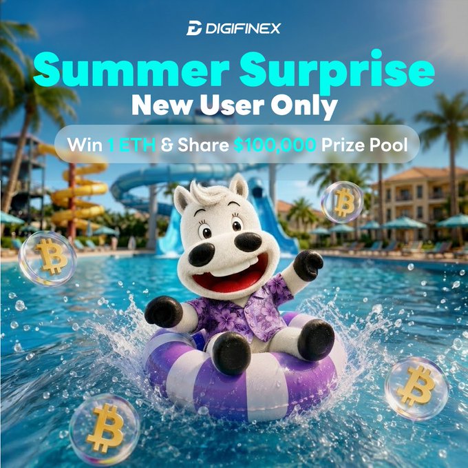 A promotional banner for 'DIGIFINEX' advertising a 'Summer Surprise New User Only' event, featuring a cartoon husky in a purple floral shirt on a pool float, surrounded by Bitcoin coins in a water park setting.