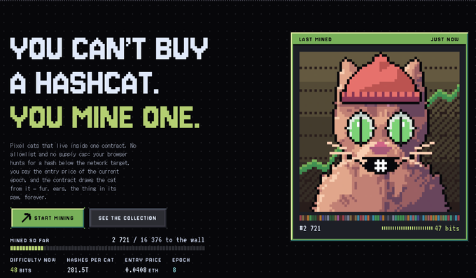 A digital graphic advertising 'Hashcats' with the text 'YOU CAN'T BUY A HASHCAT. YOU MINE ONE.', featuring a pixel art cat with green eyes, along with mining statistics like '2 721 / 16 376 TO THE WALL' and '281.5T HASHES PER CAT'.