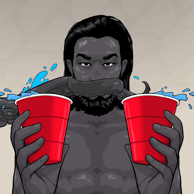 A dark-toned digital illustration shows a bearded man with an octopus wrapped around his neck, holding a red plastic cup in each hand.