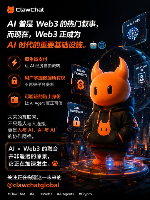 A promotional graphic for 'ClawChat' discussing how AI was a hot Web3 narrative and Web3 is now becoming critical infrastructure for the AI era, featuring a red horned mascot character and Chinese text.