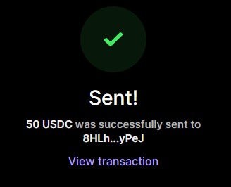 A successful transaction confirmation screen showing "Sent! 50 USDC was successfully sent to 8HLH...yPeJ" with a green checkmark, verifying the $50 USDC payment mentioned in the giveaway post.