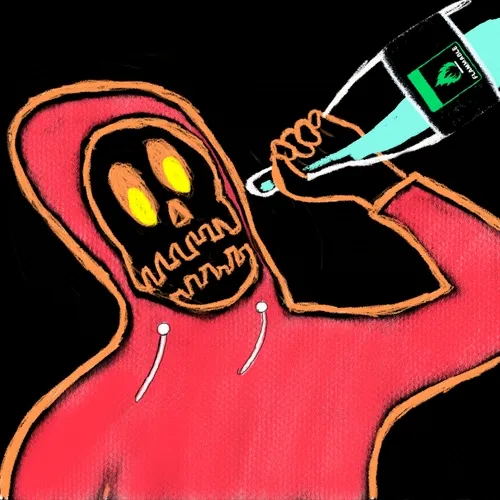 A cartoon-style illustration shows a red-hooded skeleton figure being offered a green and black bottle labeled 'POWER' or similar text.