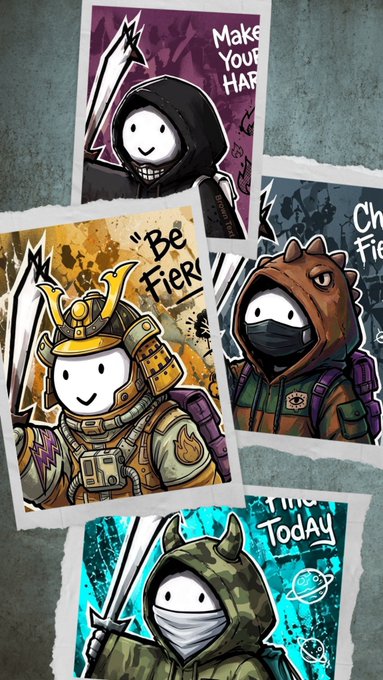 A collage of four illustrated character cards featuring a hooded figure in different costumes (grim reaper, samurai, ninja, and swordsman) with phrases like 'Make Your HAP' and 'Be Fier'.