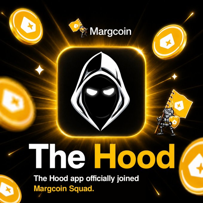 A promotional graphic announces "The Hood app officially joined Margcoin Squad," with a hooded figure logo surrounded by glowing gold Margcoin tokens.