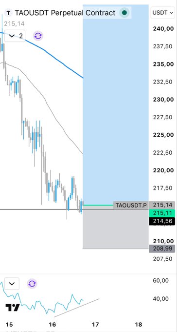 A TradingView chart of TAOUSDT perpetual contract on the 1-hour timeframe shows a sharp downtrend from ~$240 to current price of $214.56, with the accompanying post expressing cautious optimism that the market holds here, citing bullish divergences on TAO alongside supportive BTC price action.