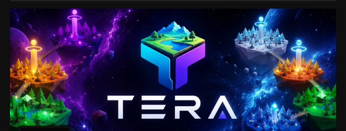 Promotional graphic for the game 'TERA' featuring a colorful 3D cube logo centered among floating fantasy islands with castles and beacons against a cosmic purple space background.