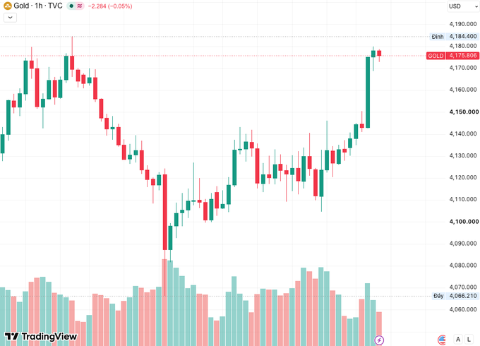 A TradingView candlestick chart for Gold (1h TVC) showing price movement from around 4,060 to 4,175, with the current price displayed at 4,175.806 (approximately -2.284 or -0.05%).