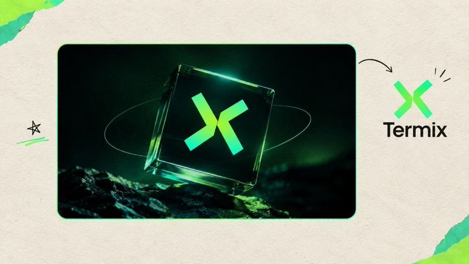 A promotional graphic displays the green 'Termix' logo on the right with an arrow pointing to a 3D rendered glass cube featuring the same logo illuminated in green.