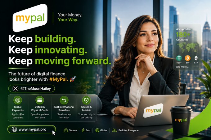A confident woman in professional attire sits at a desk using a mypal-branded laptop, set against a city skyline backdrop. The promotional graphic highlights mypal's tagline "Your Money. Your Way." along with key features including acceptance in 180+ countries, support for USDT, BTC, ETH, and services like global payments, virtual/physical cards, fast international transfers, and secure & reliable transactions.